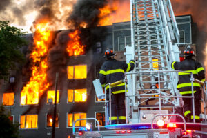 firefighters on a ladder truck at a major apartment fire