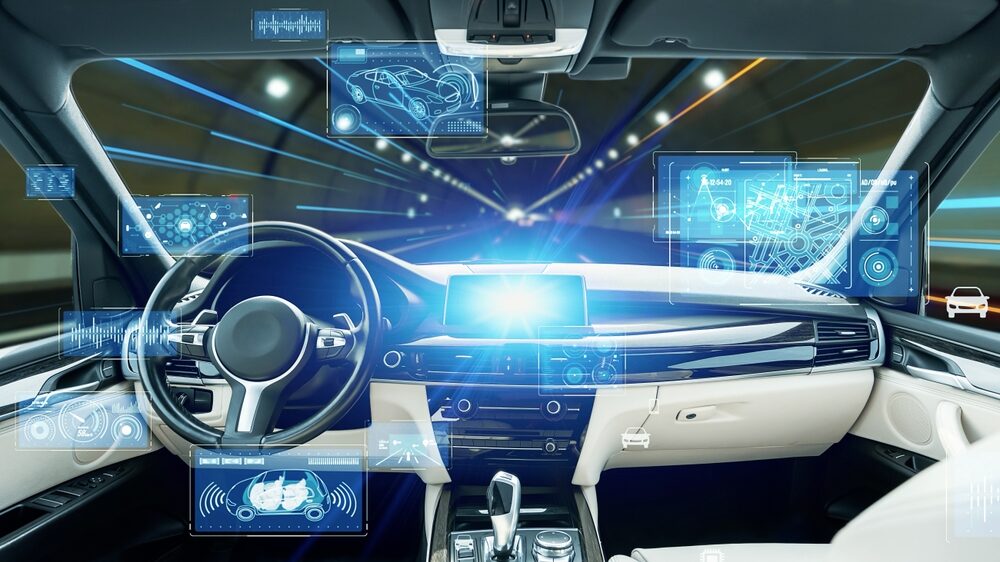 interior of driverless autonomous car on roadway