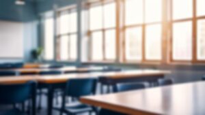  a blurred view of a school classroom with desks and chairs