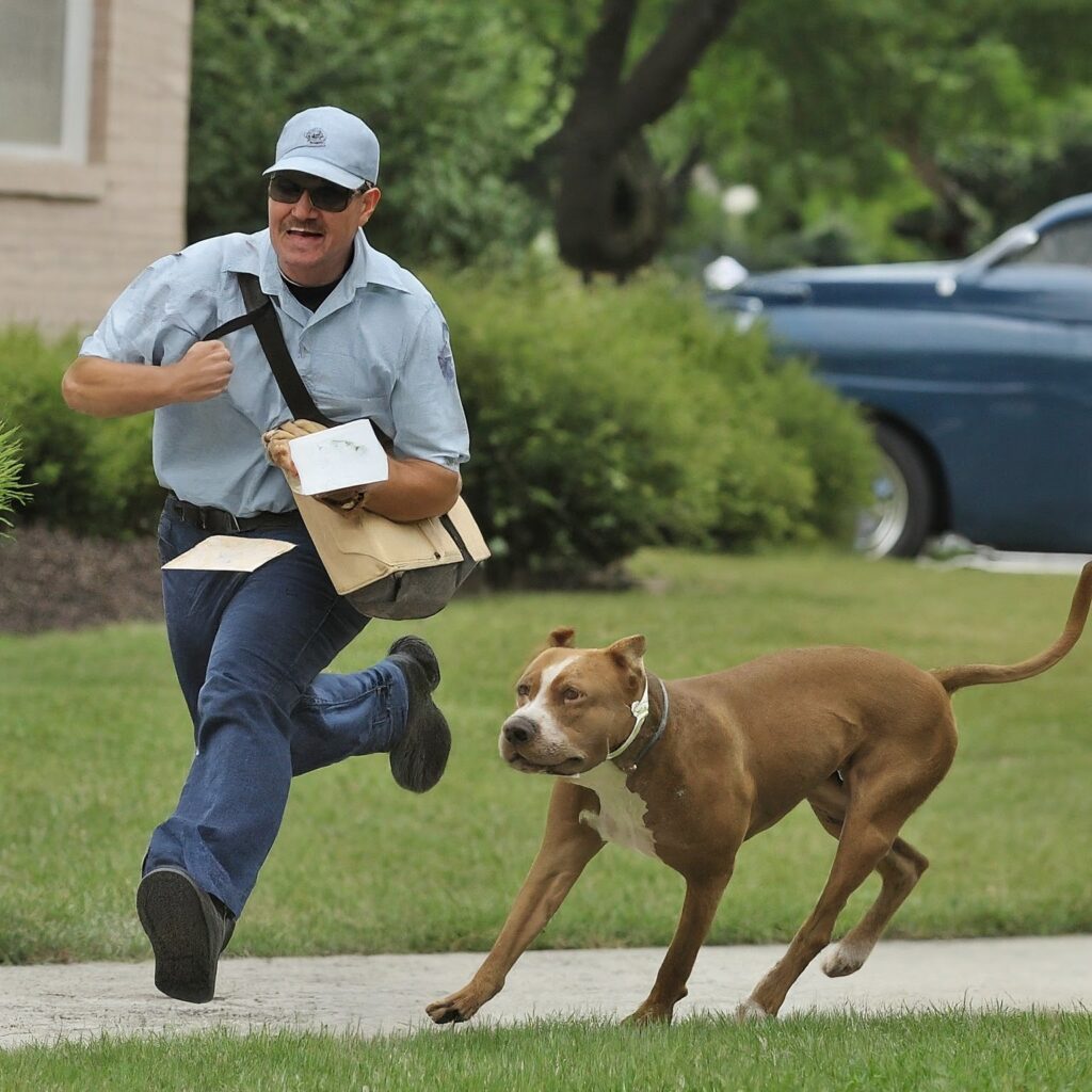 a mailman running from a pit bull n the sidewalk