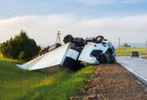 overturned white semi truck with trailer on the roadside 