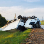 overturned white semi truck with trailer on the roadside 