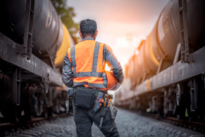 railroad engineer standing in between railway cars