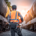 railroad engineer standing in between railway cars