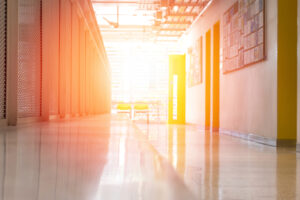 blurred view of a school corridor