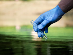 A gloved hand takes a water sample in a test tube