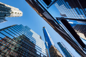 view of manhattan architecture from the ground looking up