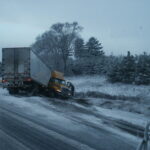 disabled truck on the side of highway after accident on a winter day