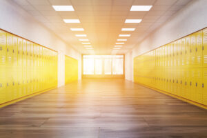 School corridor with bright yellow lockers. 