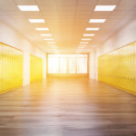 School corridor with bright yellow lockers. 